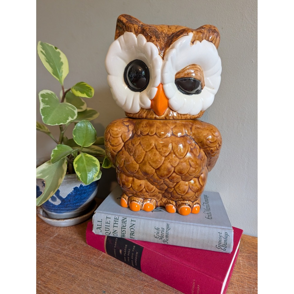 Vintage Winking Owl Ceramic Cookie Jar Brown Drip Glaze Retro Kitchen Canister